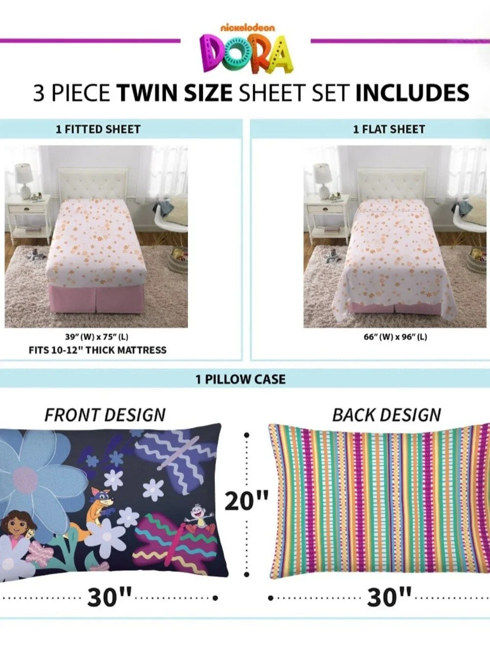 Dora Kids 3 Piece Pink Orange Floral Twin Sheet Set